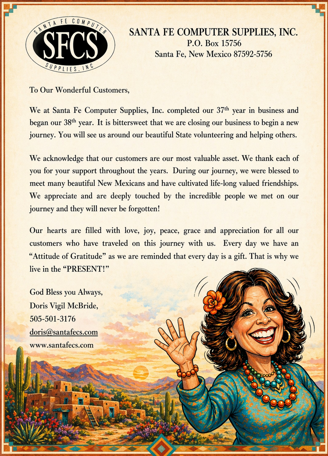 Farewell customer letter from Santa Fe Computer Supplies with Doris waving in the lower right corner