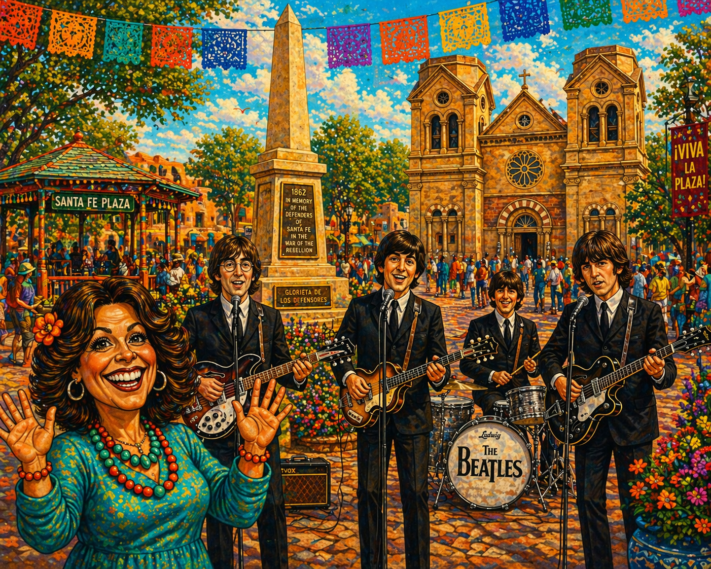 Colorful Santa Fe Plaza artwork featuring Doris, the obelisk monument, and a Beatles-style band performance